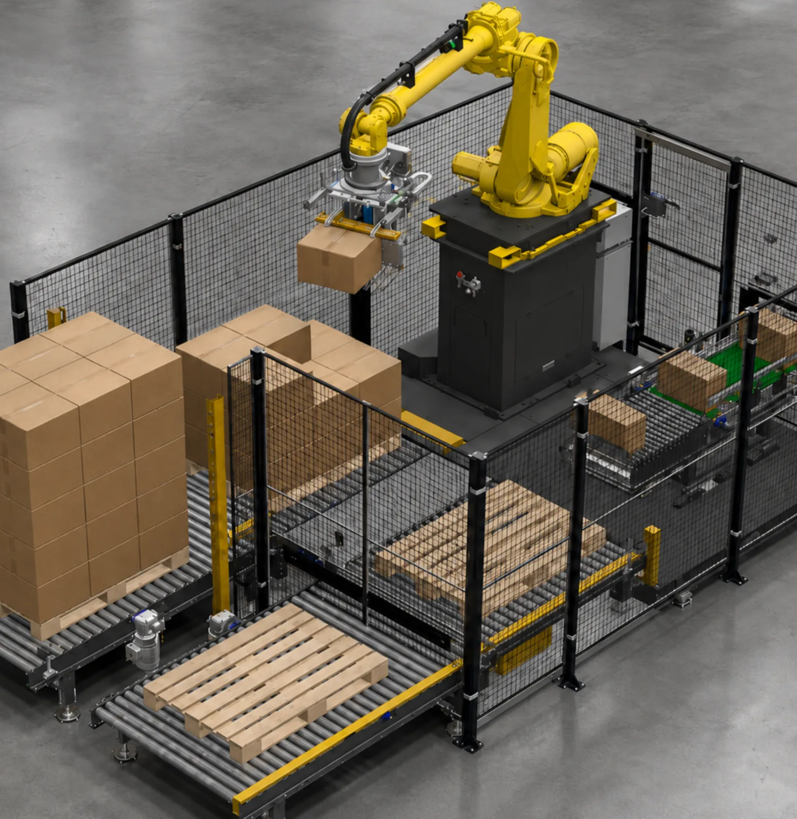 Güvenlik kafesi içindeki sarı robot kol, konveyörden gelen kartonu palet üzerine istifliyor