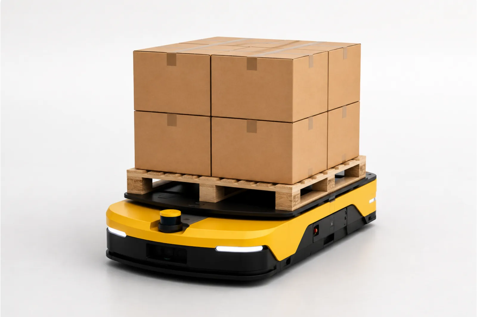 Kartonlu paleti taşıyan alçak profilli otonom mobil robot