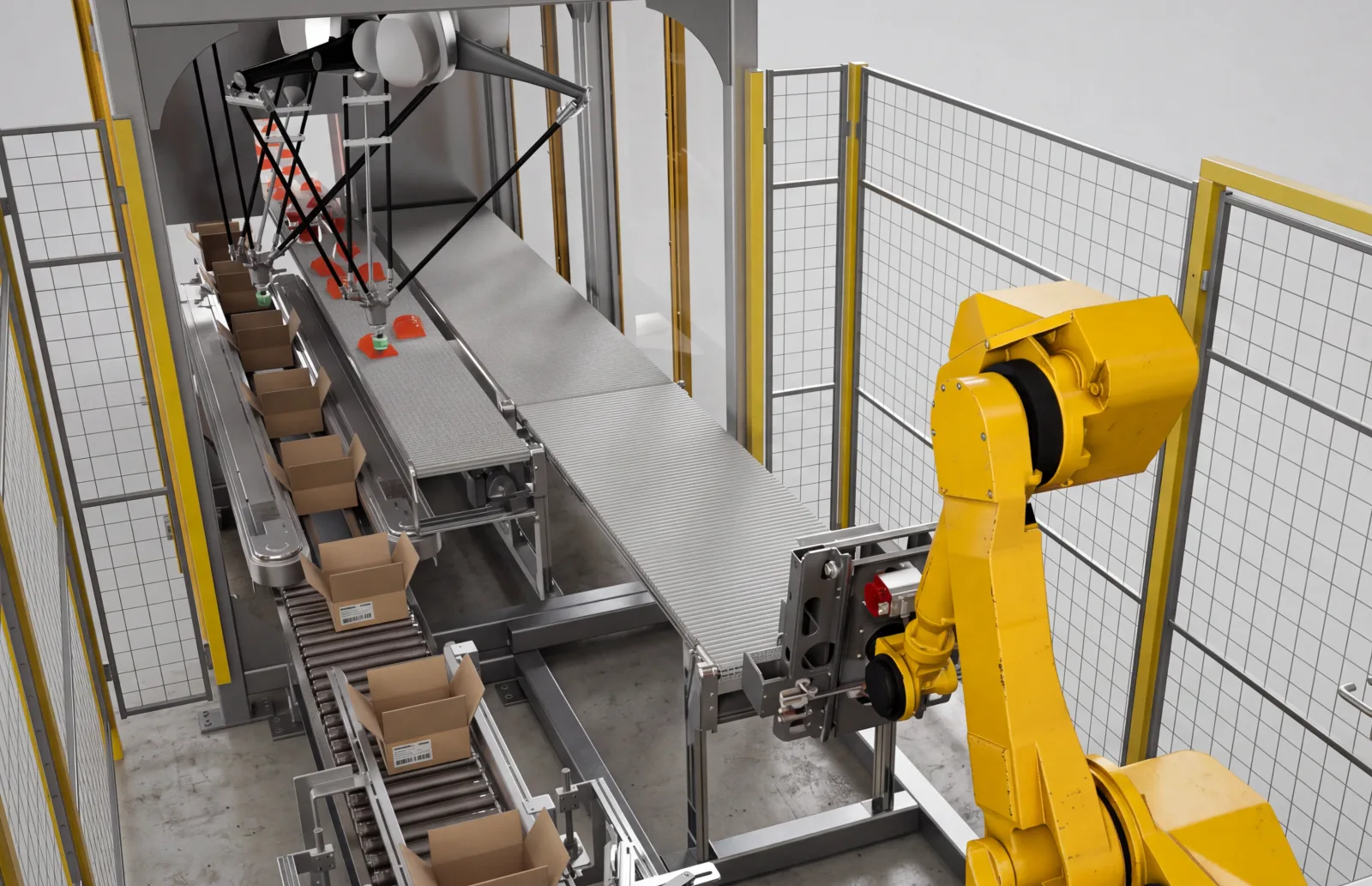 Robot arm in a fenced cell loading products from the incline conveyor into cases