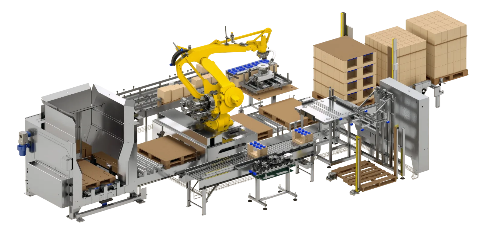 Wide view of a complete line with case infeed, robotic palletizing and an empty pallet magazine