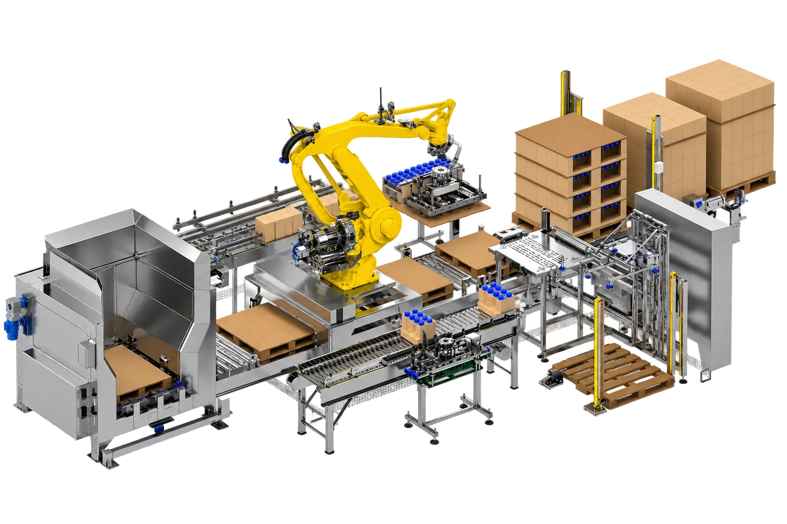 Kutu şekillendirme, robotlu paletleme ve palet istif istasyonlarından oluşan özel hücre