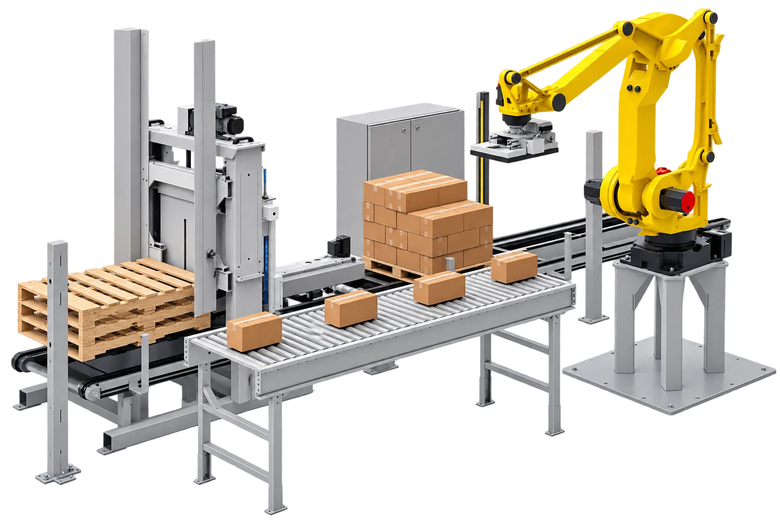 Yellow robot arm lifting cases off a pallet onto the outfeed conveyor