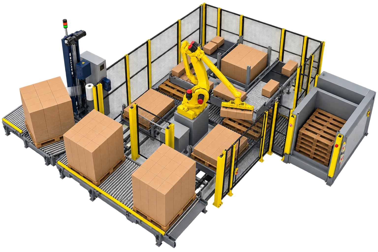 Paletleme hücresinin üç boyutlu genel görünümü: besleme konveyörleri, çitli robot alanı ve palet magazini