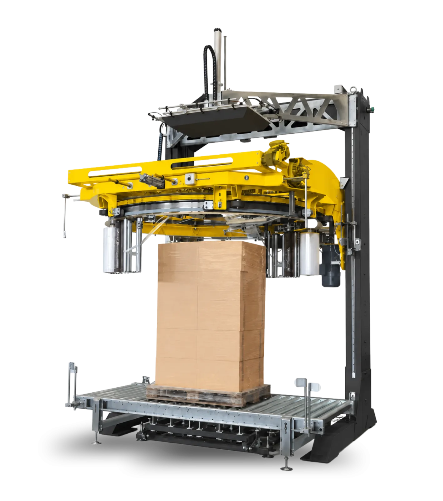 Ring stretch wrapping unit applying film to a carton pallet on the conveyor